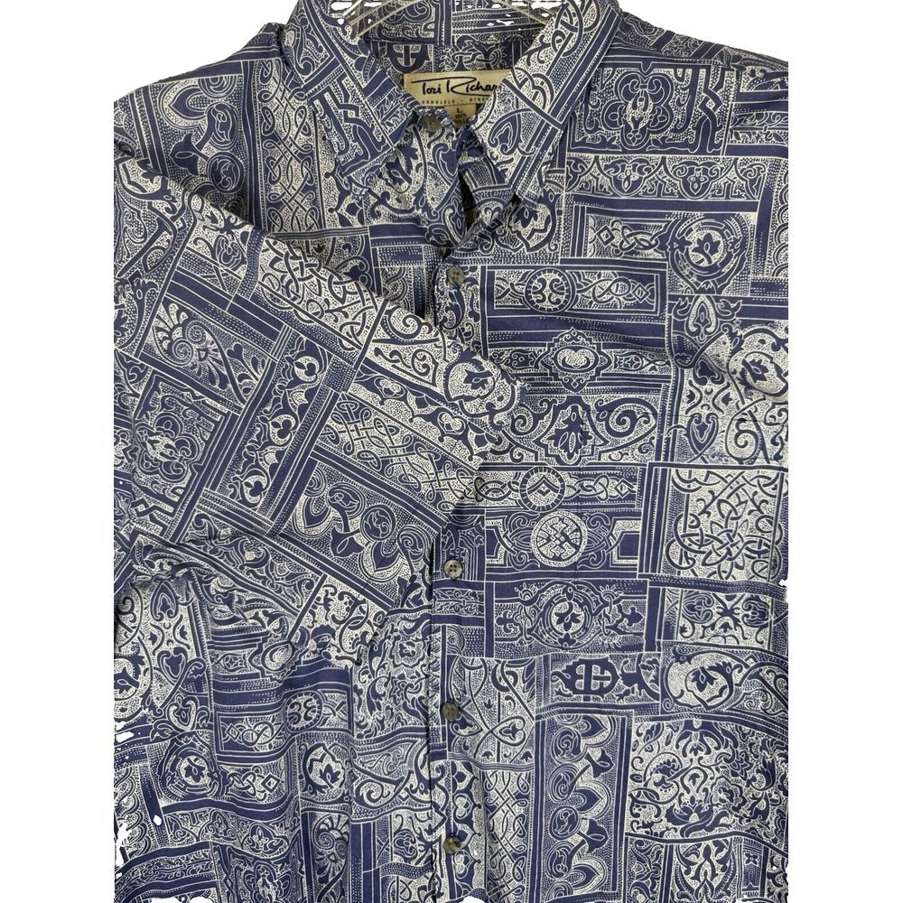 Tori Richard Hawaiian Shirt LARGE Blue Mens Button up Classic geometric